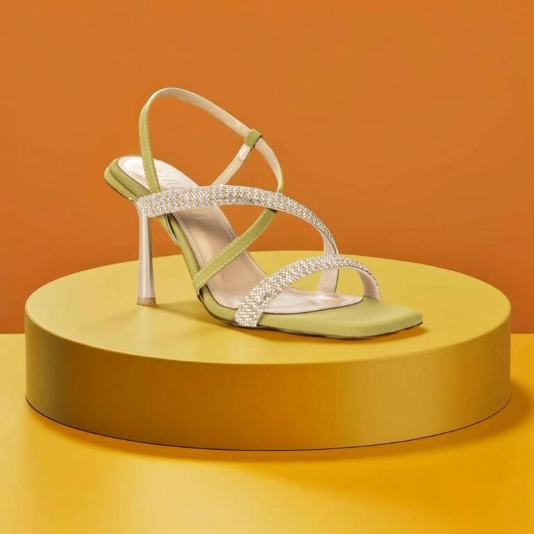 An olive and silver cross strap high heeled sandal shoe | LUUZINI